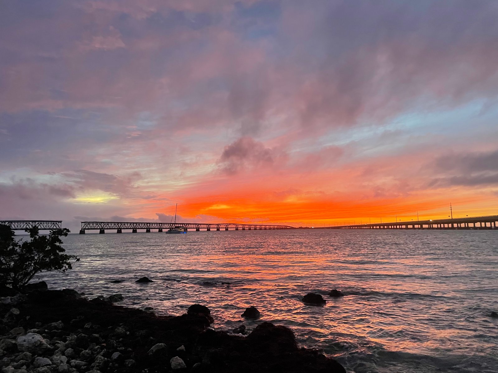 Sunset over the water and bridges at Bahia Honda State Park