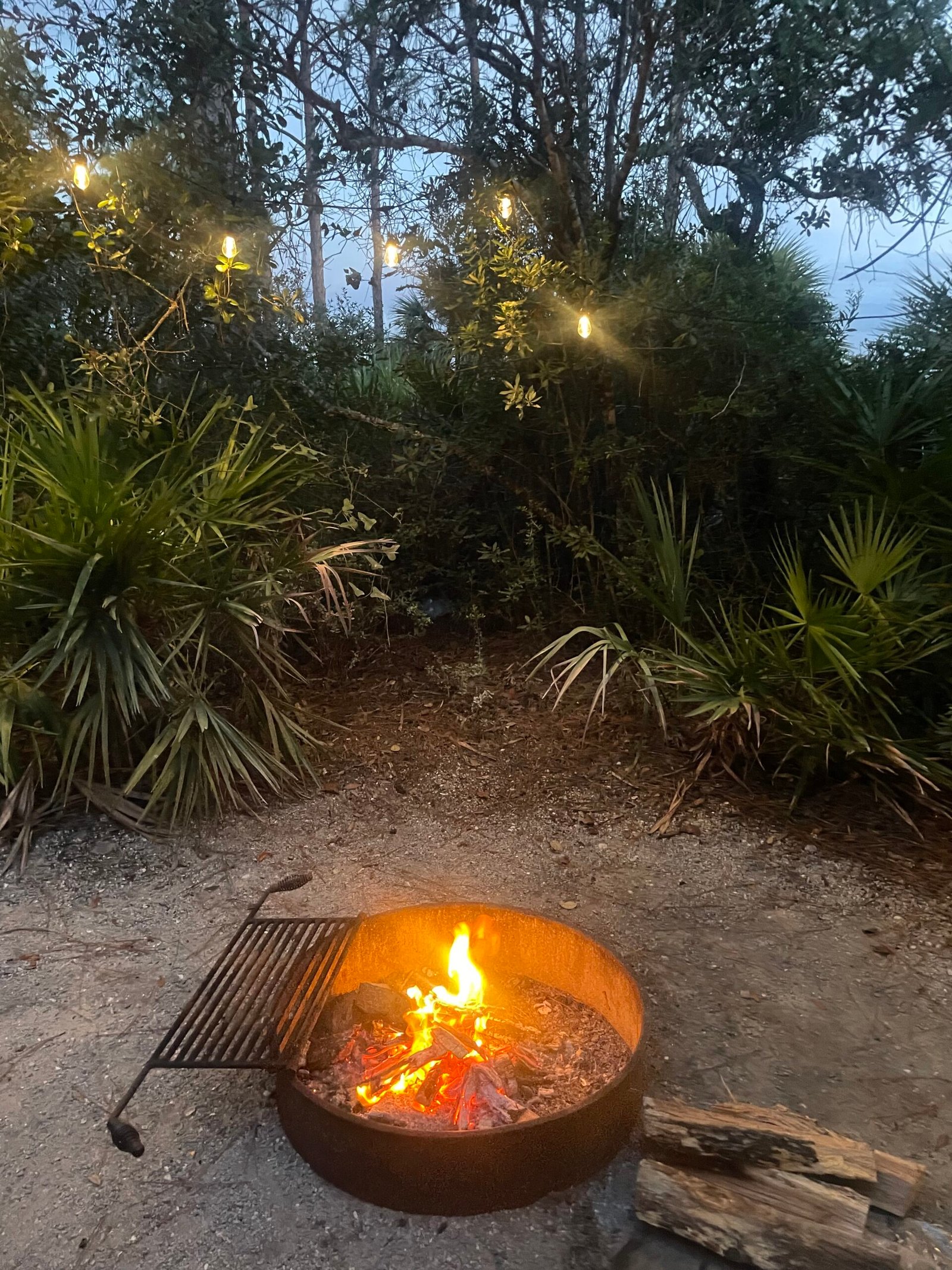 Campfire and string lights at Grayton Beach State Park