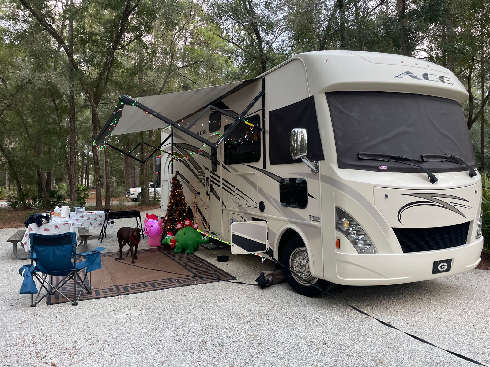 RV campsite at Silver Springs State Park campground decorated during a December camping trip
