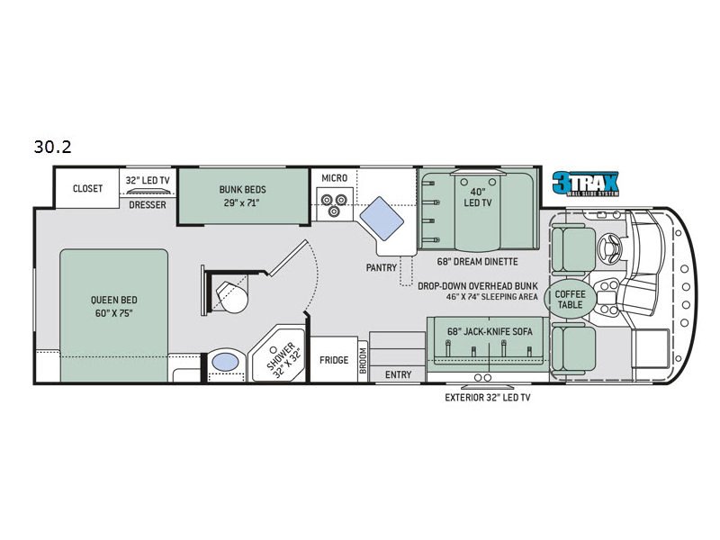 Official Thor ACE 30.2 floor plan showing the rear queen bed, bunk beds, kitchen, bathroom, living area, cab, and full-wall slide