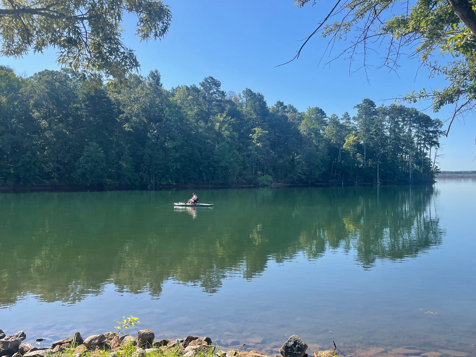 Kayak on calm Lake Juliette water at Dames Ferry State Park Campground