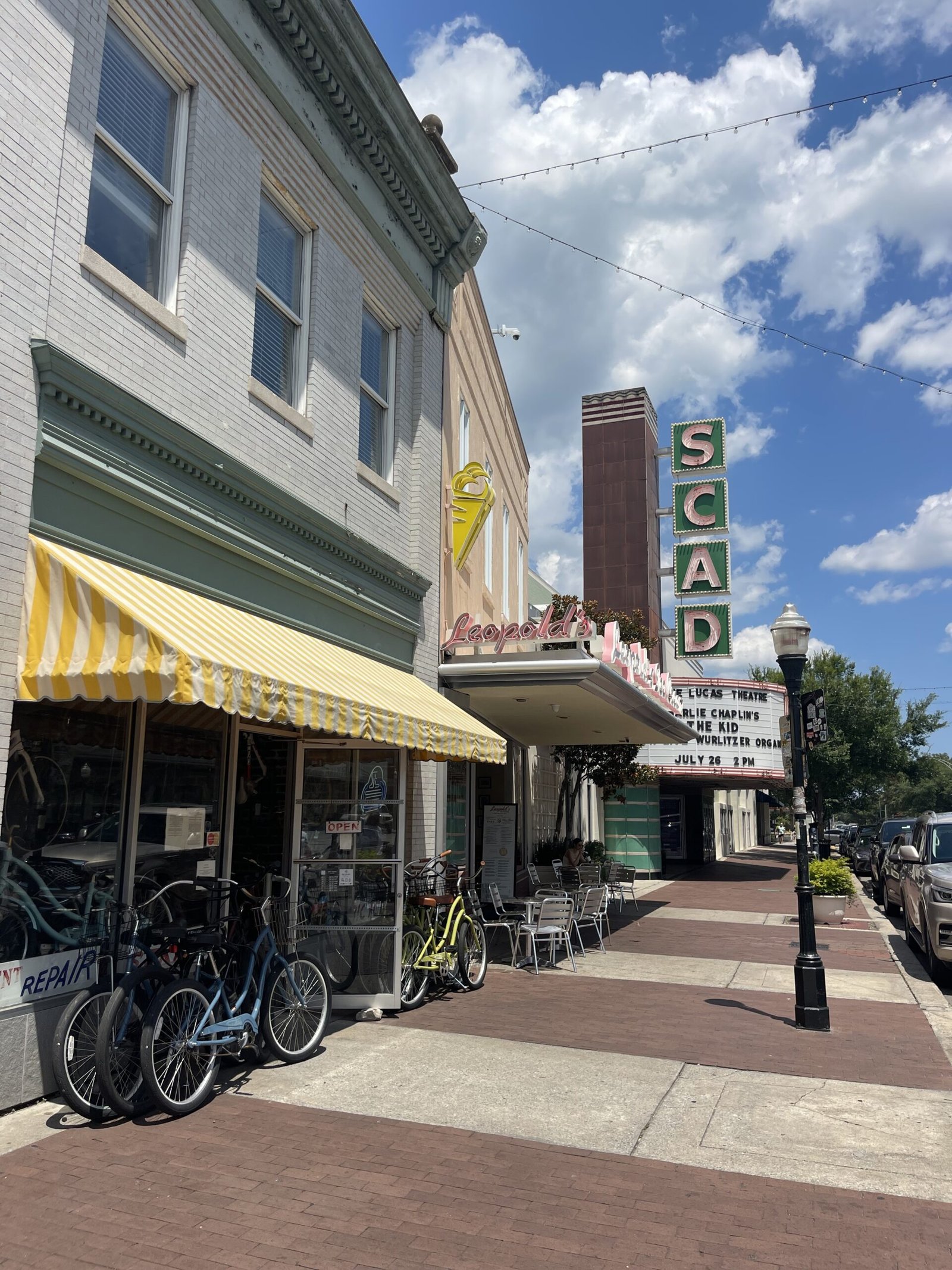 Leopold's Ice Cream storefront on a Savannah street with bikes parked outside