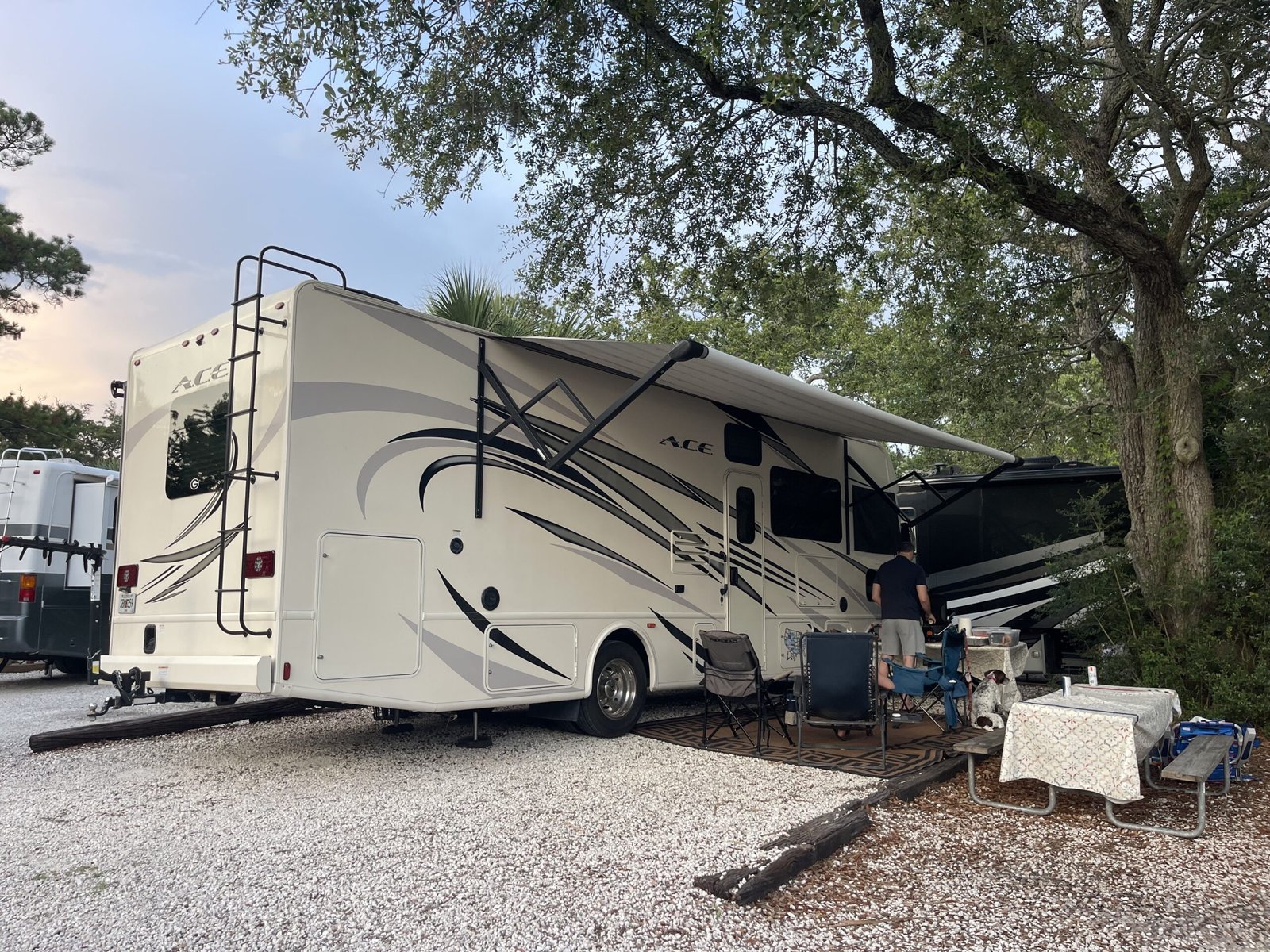 RV camper set up at River's End Campground on Tybee Island at dusk